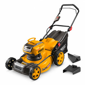 Ingco LMLI4020 40V brushless cordless lawn mower with yellow metal deck and four wheels on a white background