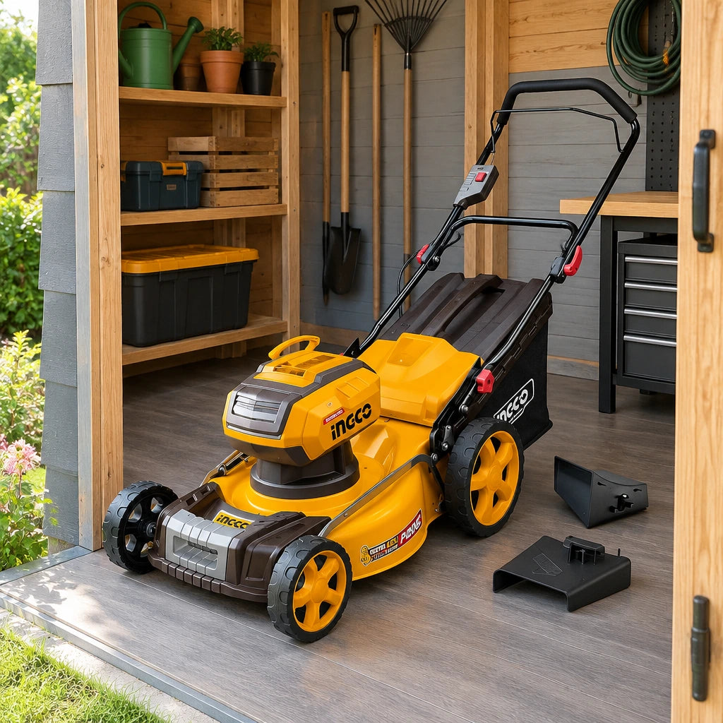 Ingco LMLI4020 cordless lawn mower parked in an organised contemporary garden shed beside its grass-management accessories