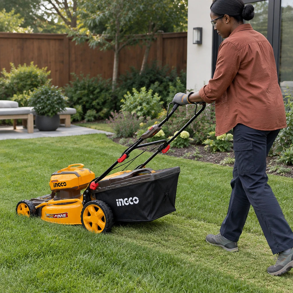 African American gardener guiding an Ingco LMLI4020 cordless mower across a residential lawn with the grass collection bag attached