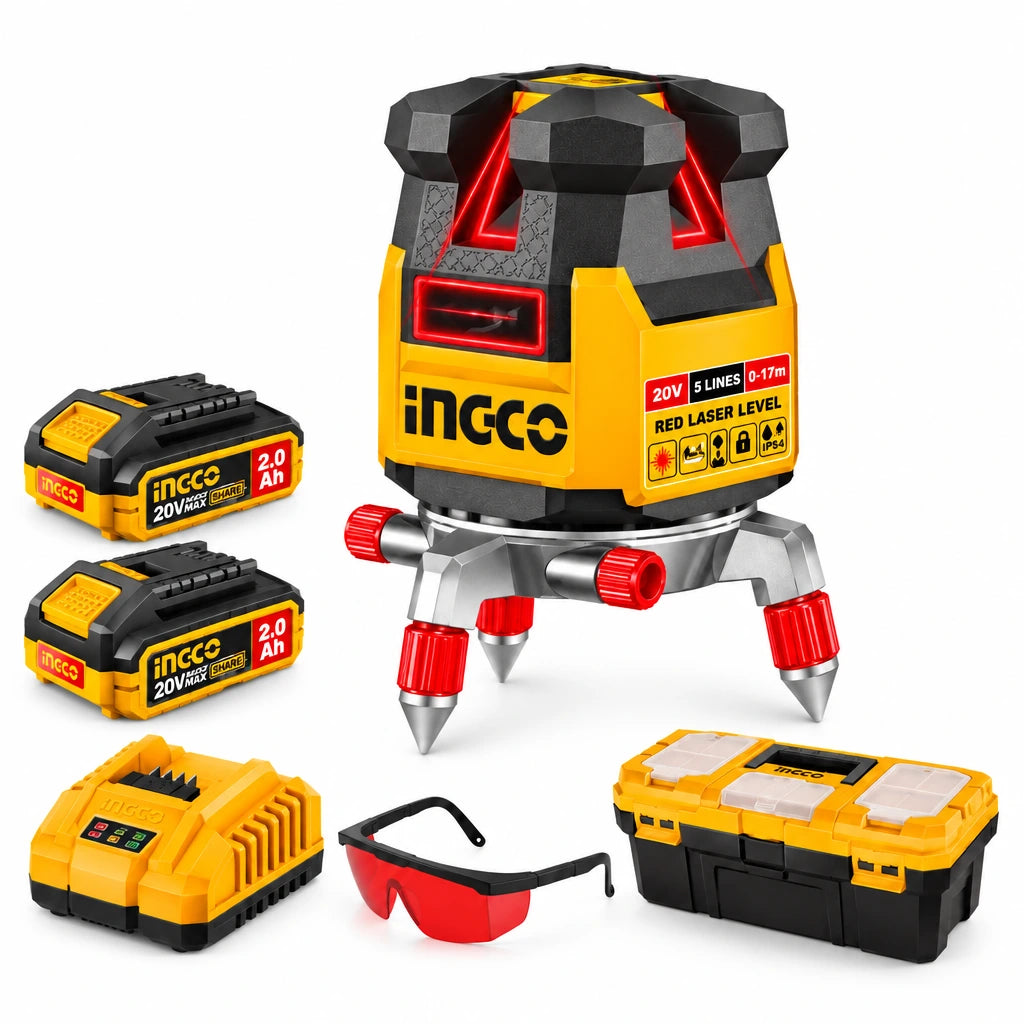 Ingco HLL3052063 20V red-beam multi-line laser level kit with two batteries, charger, toolbox and safety glasses on white