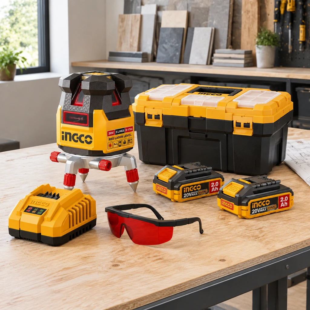 Ingco HLL3052063 laser level kit stored beside its toolbox and batteries on an organised interior-fit-out workbench