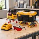 Ingco HLL3052063 laser level kit stored beside its toolbox and batteries on an organised interior-fit-out workbench