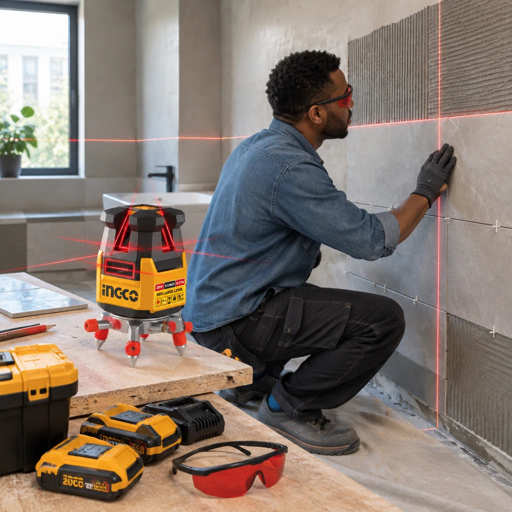 African American tile installer using an Ingco HLL3052063 red laser level to align wall tile layout in a bathroom renovation