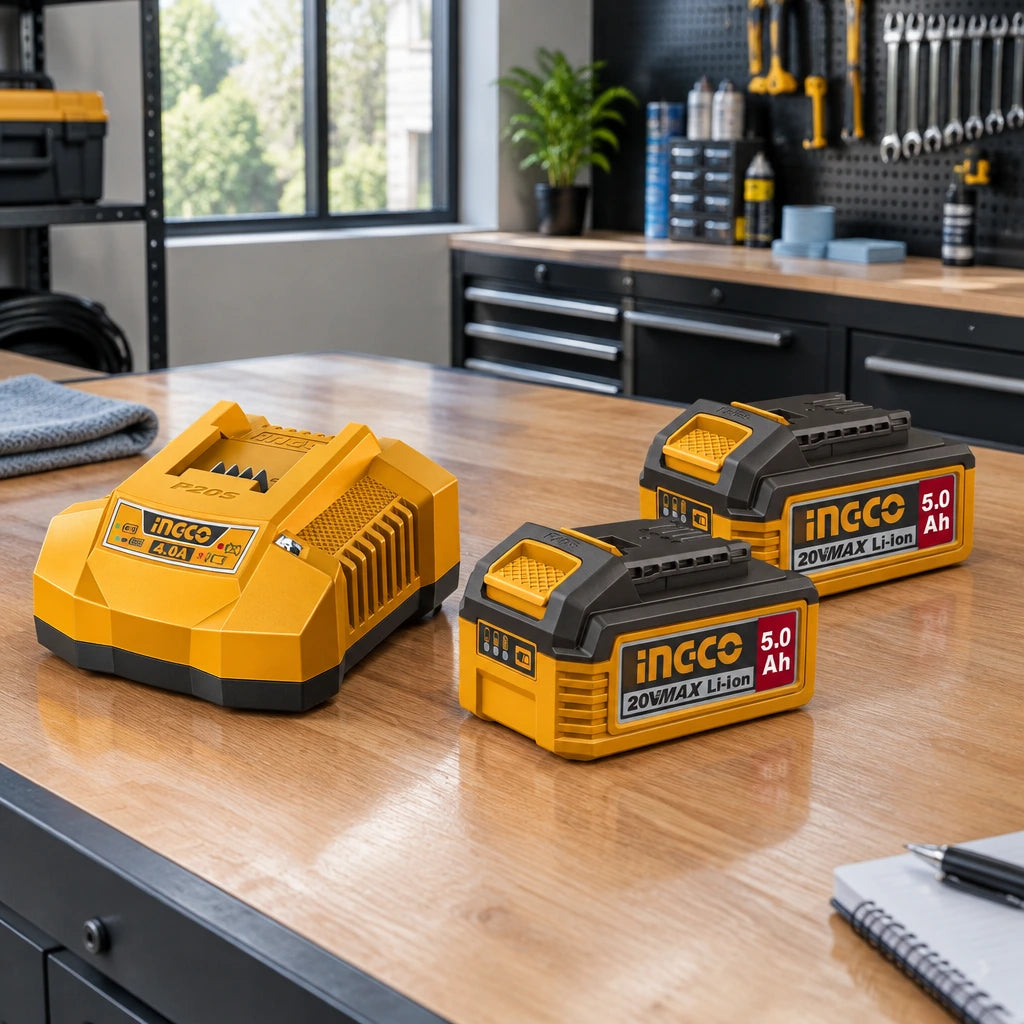 Ingco P20S two-battery charger kit ready beside a professional maintenance workbench