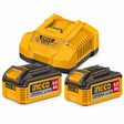 Ingco FBCPK2513 P20S kit with two 20V 5.0Ah batteries and charger on white background