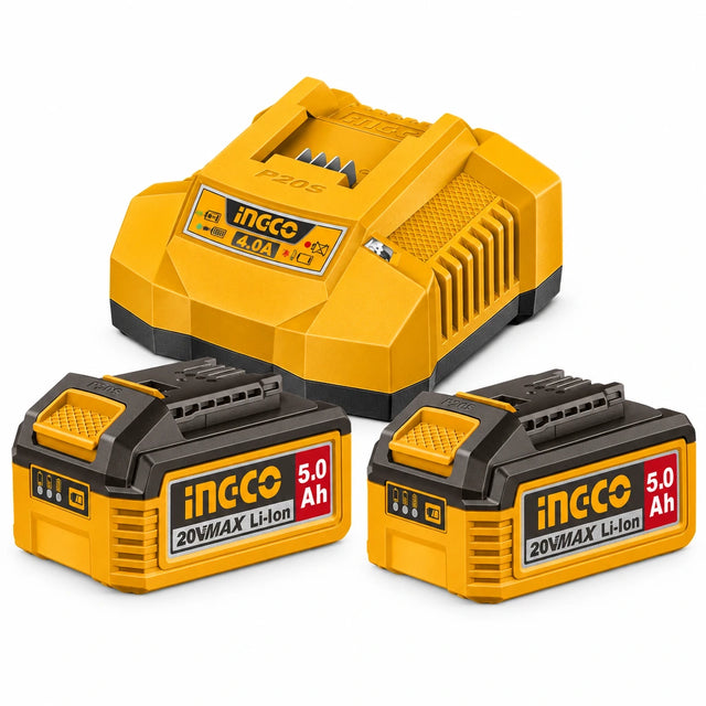 Ingco FBCPK2513 P20S kit with two 20V 5.0Ah batteries and charger on white background