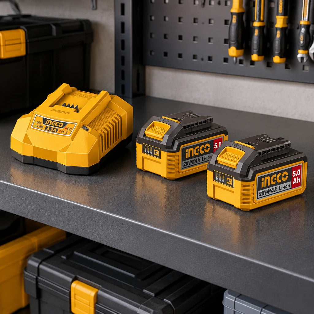 Ingco P20S battery and charger kit stored on an organised maintenance-room shelf