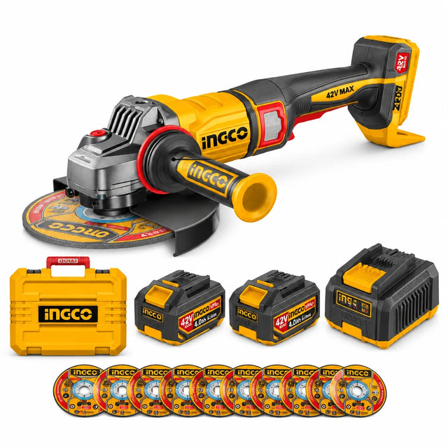 Ingco 42V cordless 230mm angle grinder kit with two batteries, charger, case and cutting discs on white background