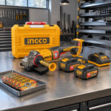Ingco cordless 230mm angle grinder kit resting on an organised metal fabrication workbench