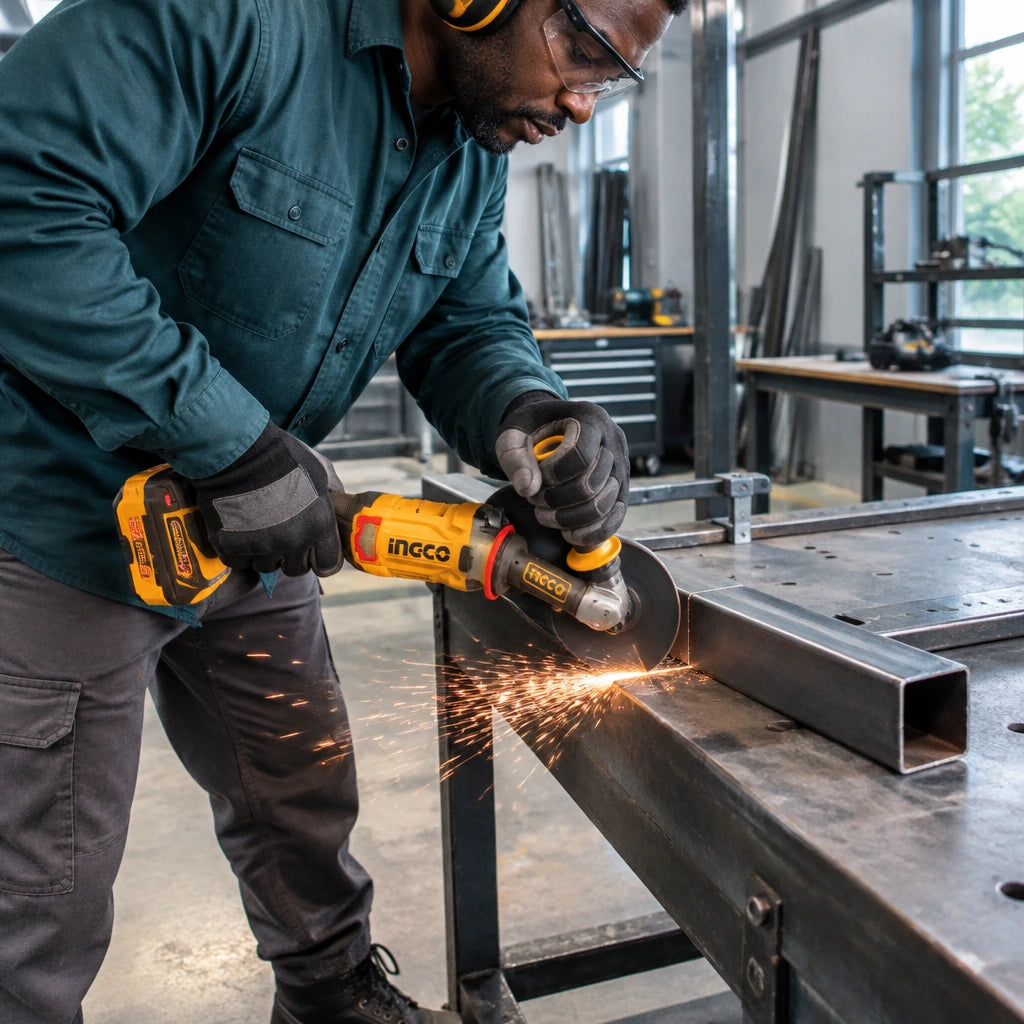African American metal fabricator using an Ingco 230mm cordless angle grinder to cut supported steel angle