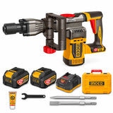 Ingco 42V cordless demolition breaker kit with two batteries, charger, chisels, grease, spanner and carrying case on white background