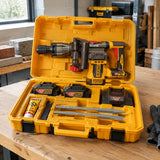 Ingco cordless demolition breaker kit resting in its open case on an organised renovation workbench