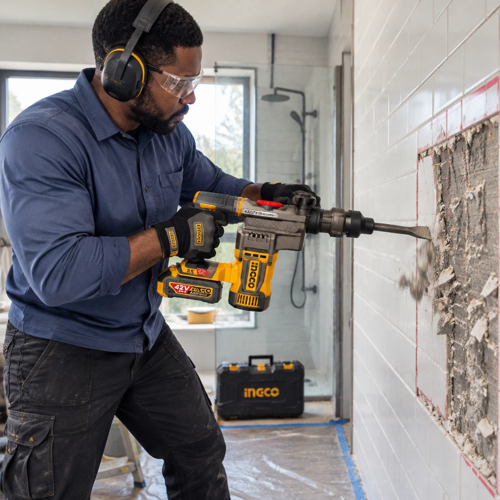 African American renovation specialist using the Ingco cordless demolition breaker to remove a marked tiled wall section