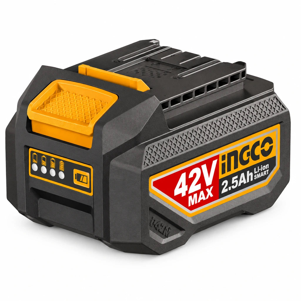 Ingco FBLI42251 42V 2.5Ah lithium-ion battery pack on a white background, showing its orange-and-black housing and LED indicator.