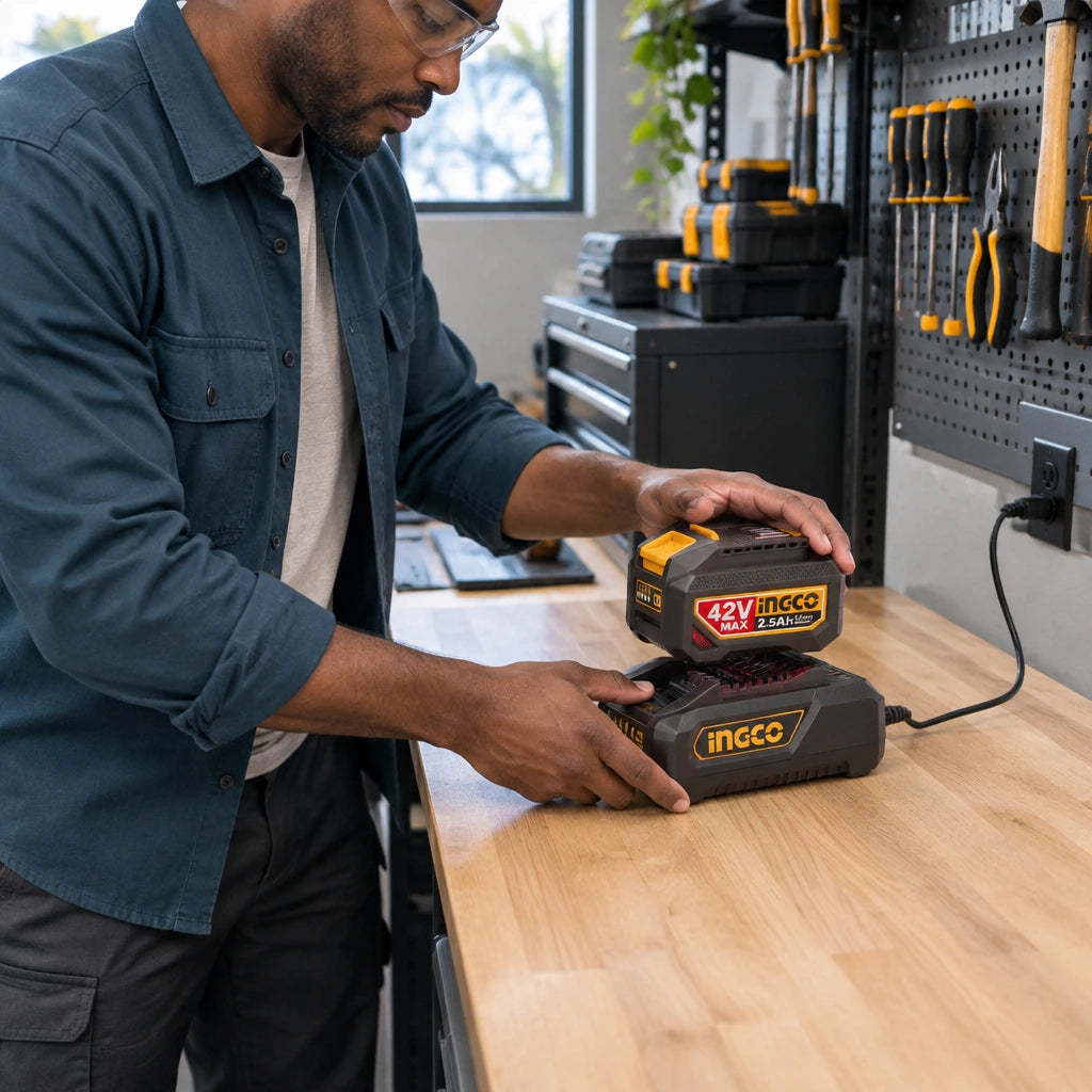 African American maintenance technician seating an Ingco 42V 2.5Ah battery into a compatible charger on a workshop bench.