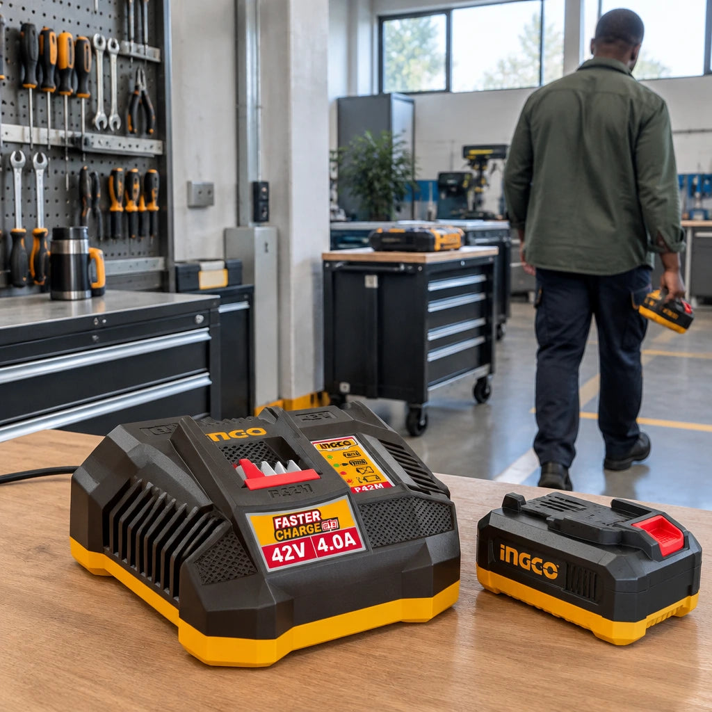Ready 42V battery beside an Ingco FCLI42041 charger in an organised maintenance workshop