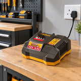Ingco FCLI42041 battery charger resting on an organised workshop charging shelf