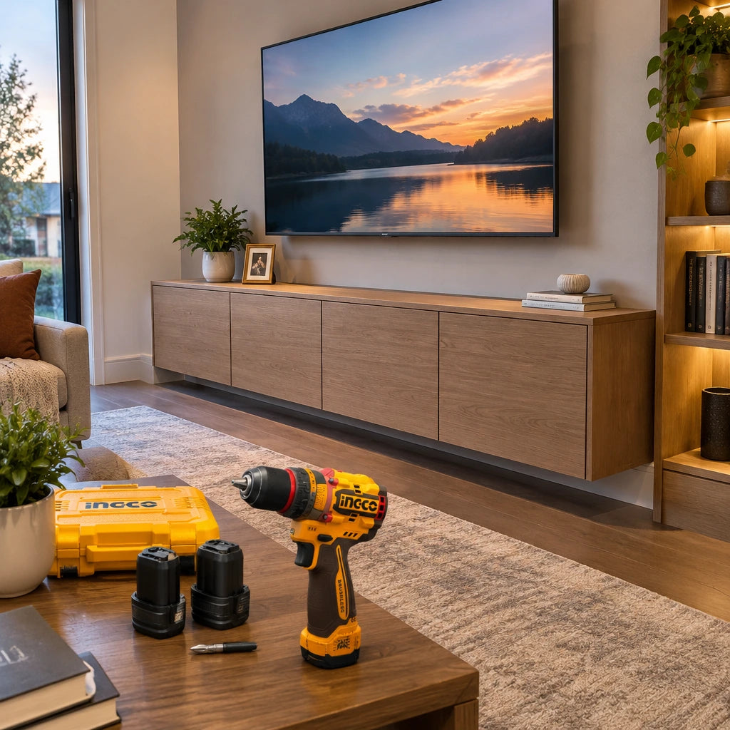 Finished timber media console with aligned doors and the Ingco CIDLI16665 cordless drill kit resting nearby.