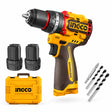 Ingco CIDLI16665 16V brushless cordless impact drill kit with two batteries, yellow case and drill bits on a white background.