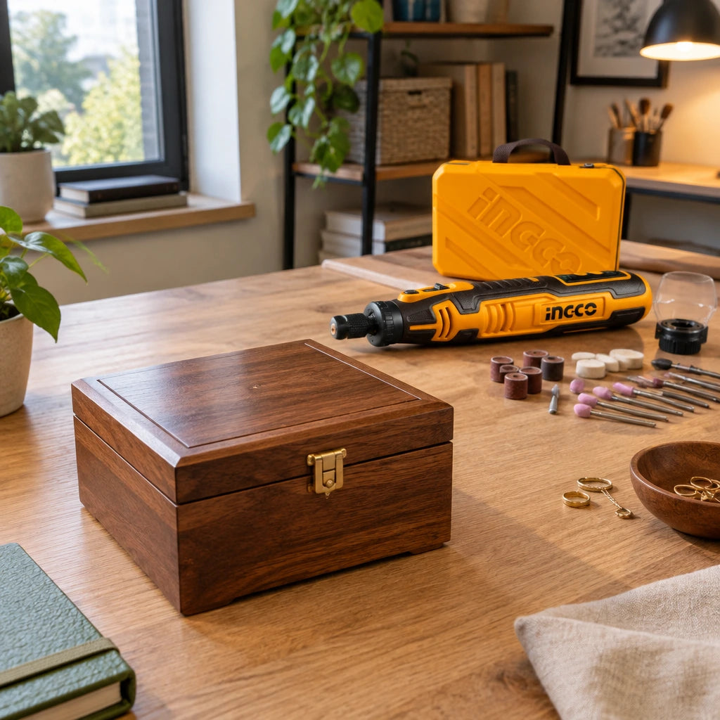 Finished wooden jewellery box with a smooth edge beside the inactive Ingco CMGLI0801 mini grinder and storage case.