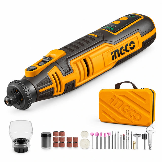Ingco CMGLI0801 8V cordless mini grinder kit with yellow storage case, protective guard and assorted accessories on a white background.