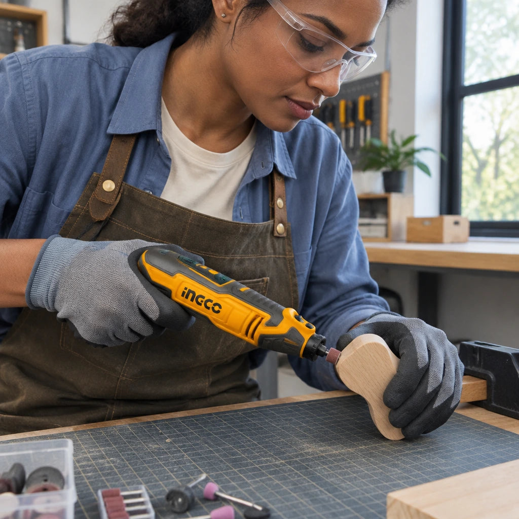 African American craft maker using the Ingco CMGLI0801 mini grinder to smooth a small wooden component on a home workshop bench.