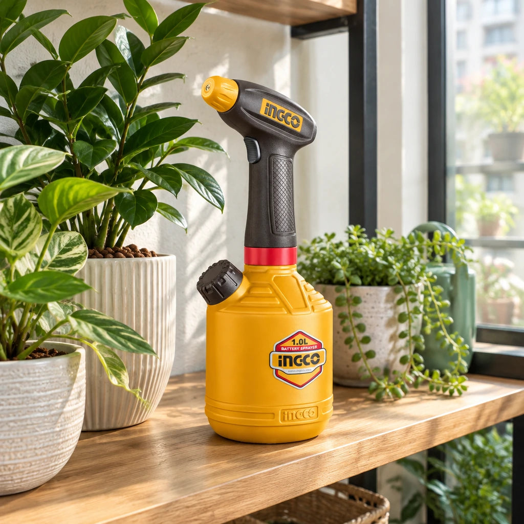 Ingco HSPP3701 cordless hand sprayer stored beside potted plants in a bright contemporary sunroom.