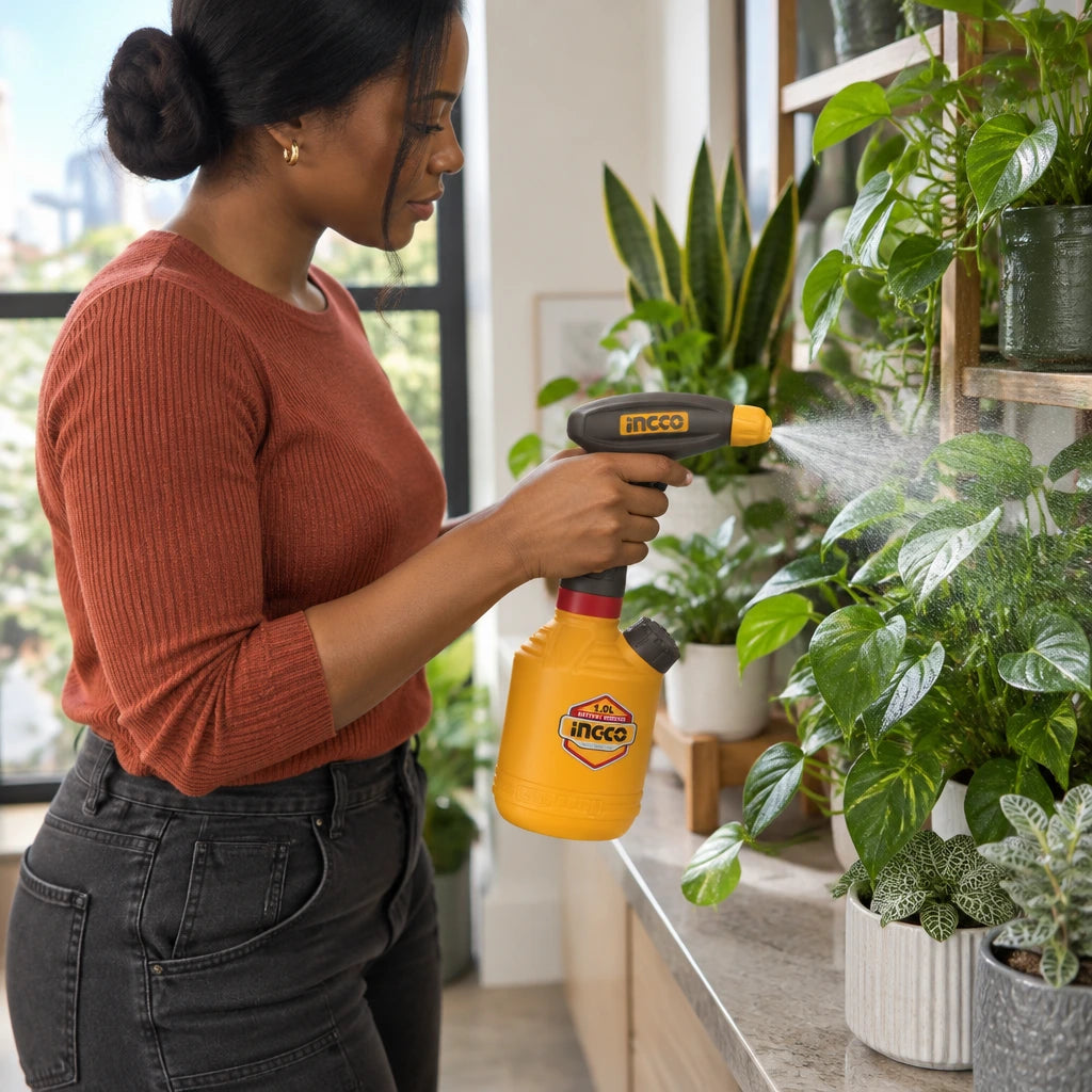 African American plant caretaker using the Ingco HSPP3701 cordless sprayer to mist indoor foliage.