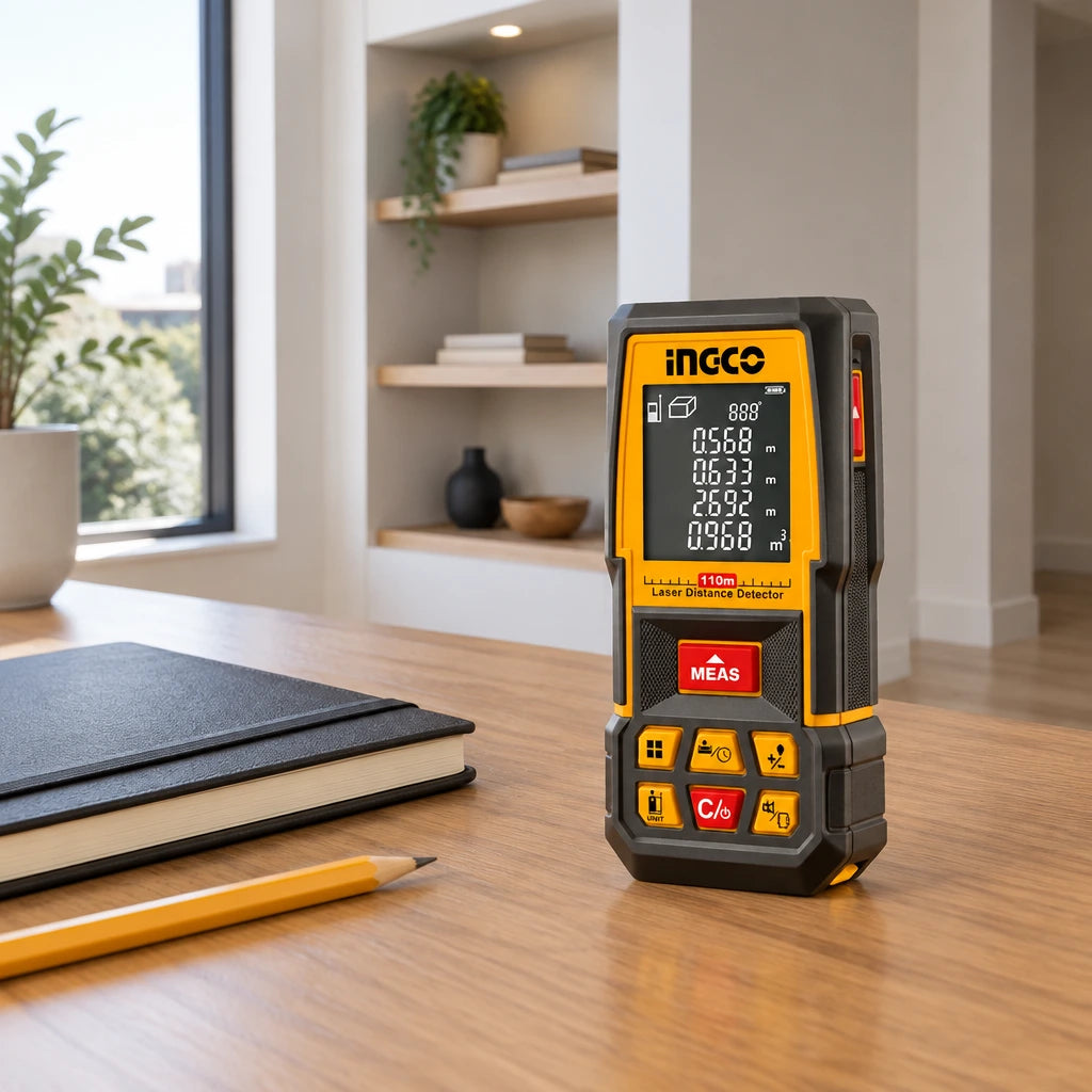 Ingco HLDD10089 laser distance detector resting on a planning desk in a contemporary apartment