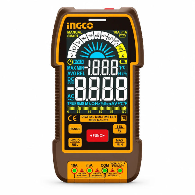 Ingco DM110004 True-RMS colour digital multimeter with orange-and-brown casing and front display on white background