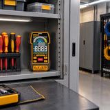 Ingco DM110004 digital multimeter stored on an organised electrical maintenance bench