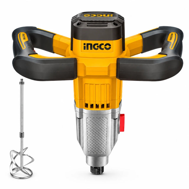 Ingco MX516006 1600W electric paint and mortar mixer with supplied M14 spiral mixing paddle on a white background