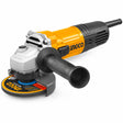Ingco AG90028 125mm electric angle grinder with auxiliary handle and disc guard on a white background.