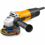 Ingco AG90028 125mm electric angle grinder with auxiliary handle and disc guard on a white background.