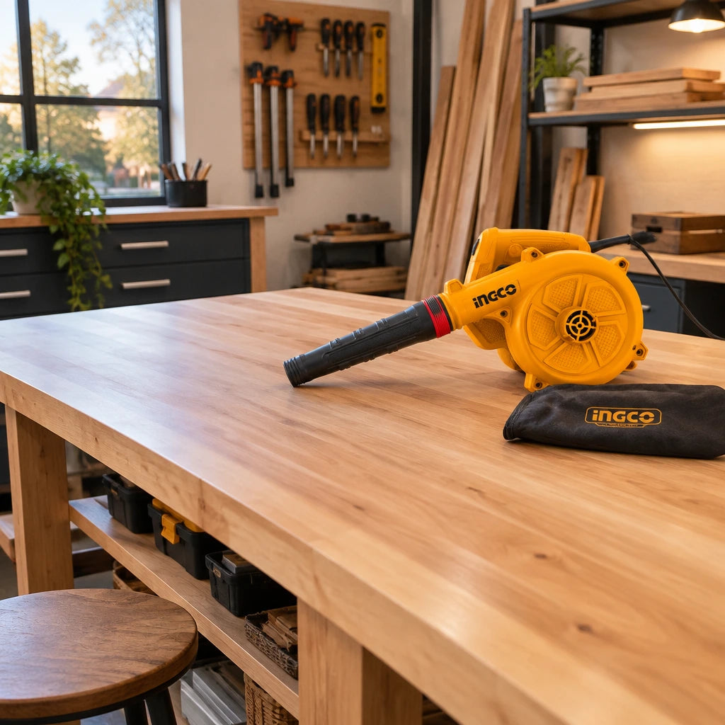 Clean woodworking bench ready for finishing with the inactive Ingco AB6508 blower and dust bag nearby.