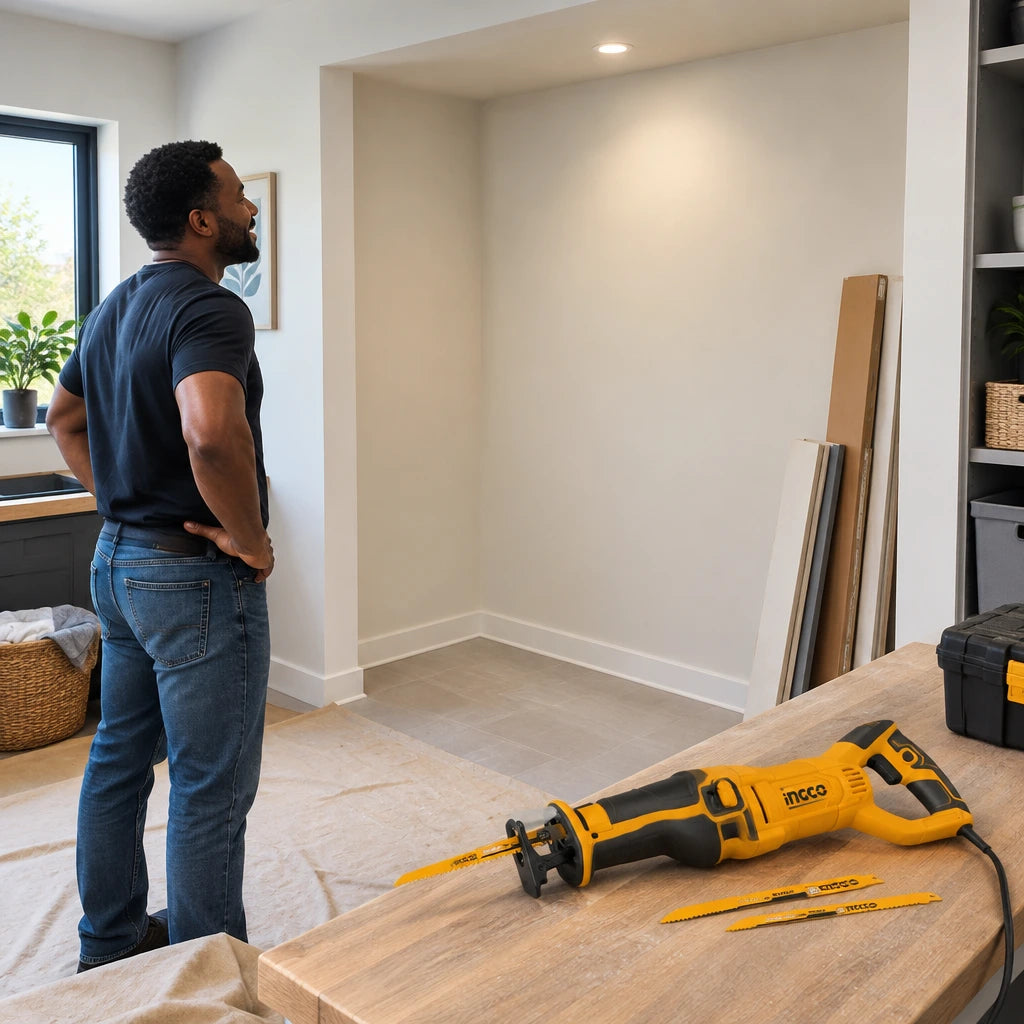 Cleared utility-room storage recess after timber removal with the Ingco RS12001 reciprocating saw resting nearby.
