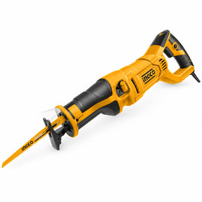 Ingco RS12001 1200W corded reciprocating saw with blade, adjustable footplate and power cable on white background.