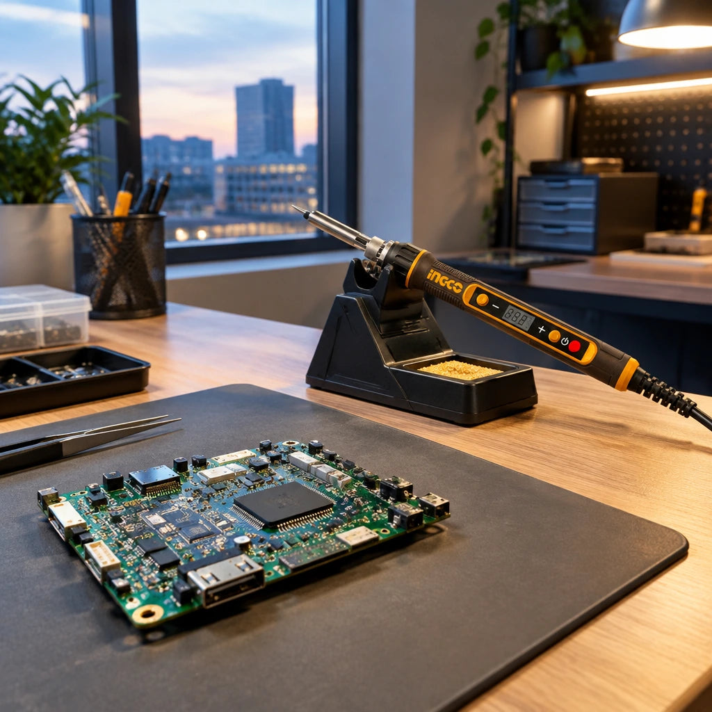 Completed circuit board repair beside the Ingco SI01610 soldering iron resting in its holder