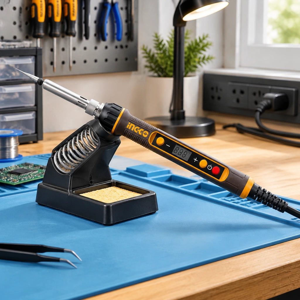 Ingco SI01610 soldering iron resting in its holder on an organised electronics repair bench