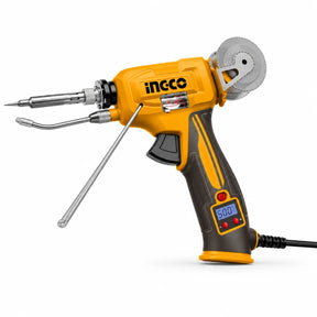 Ingco SI036732 120W soldering gun with automatic solder-wire feeder, digital temperature display and cord on white background.