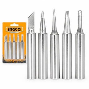 Ingco five-piece replacement soldering-iron tip set with assorted silver tip profiles and branded retail package on white background