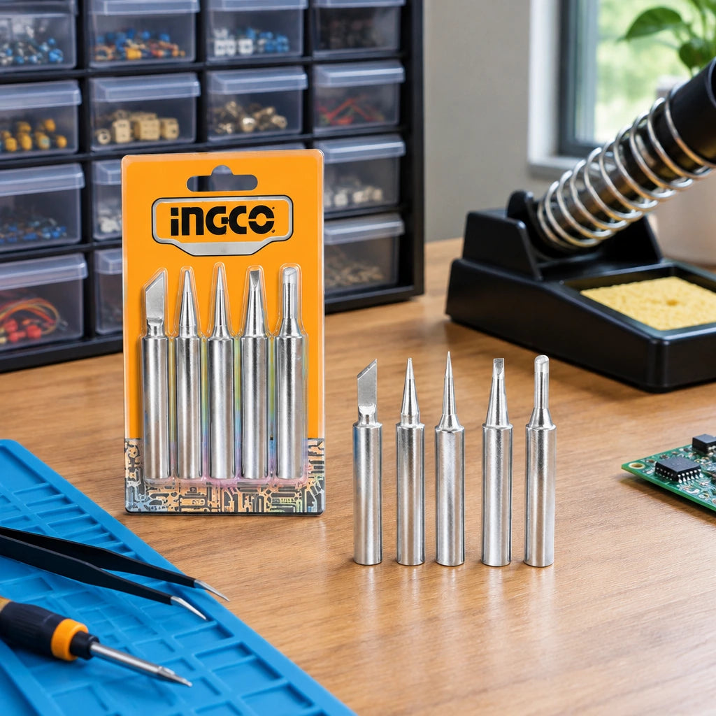 Packaged Ingco replacement soldering tips resting in an organised electronics repair bench organizer