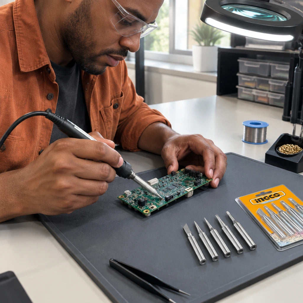 African American electronics technician using an Ingco replacement soldering tip on a circuit board at a repair bench
