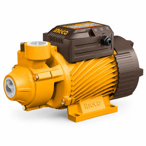 Ingco VPM55068 0.75HP yellow peripheral water pump with dark motor and short power cable on a white background