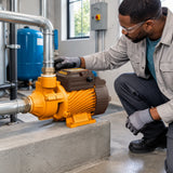 Facilities technician checking an Ingco VPM55068 pump transferring water through connected one-inch utility pipework