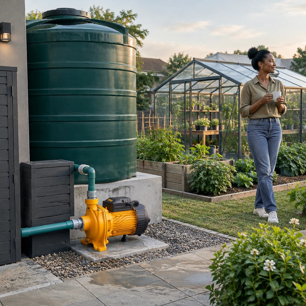 Replenished elevated water tank and greenhouse garden with the inactive Ingco MHF150068 pump nearby.