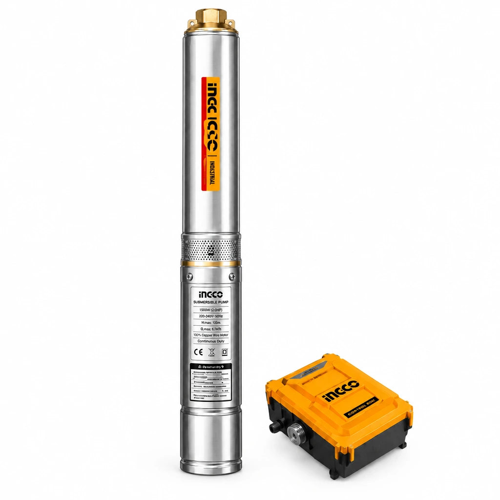 Ingco 4-inch stainless-steel deep-well submersible pump with supplied orange control box on a white background.