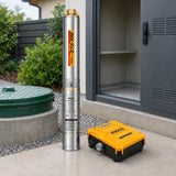 Ingco stainless-steel deep-well pump and control box staged beside a residential borehole service enclosure.