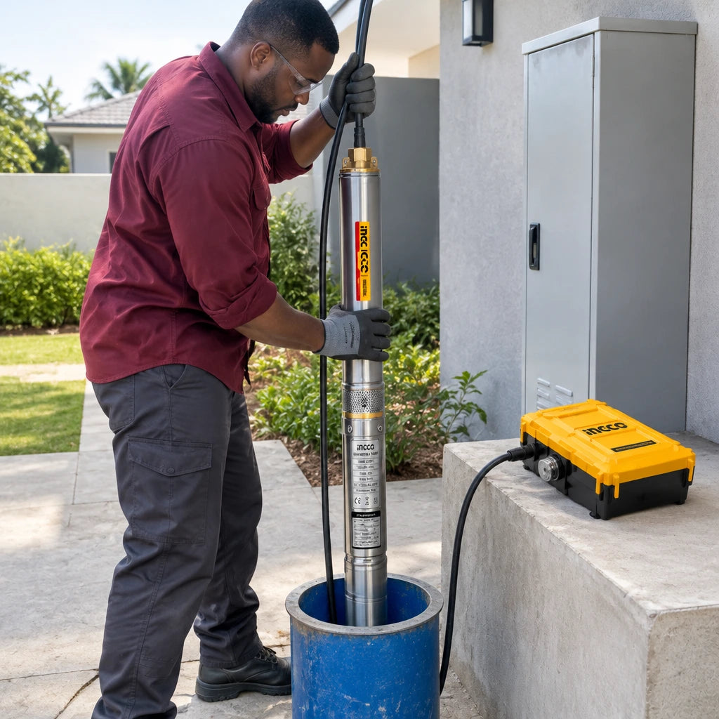 African American borehole installer lowering an Ingco stainless-steel submersible pump into a residential well beside its control box.