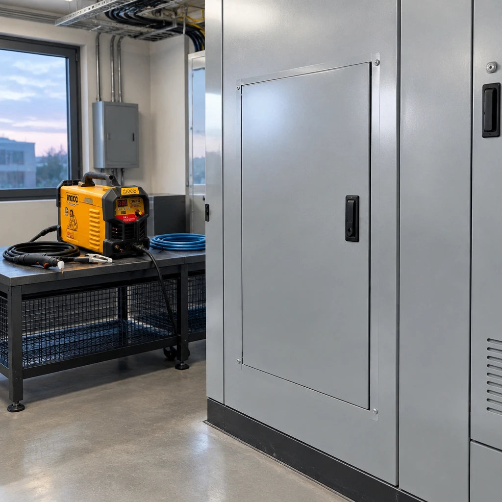 Finished steel service panel installed in a commercial plant room with an Ingco ING-CUT4058 plasma cutter nearby